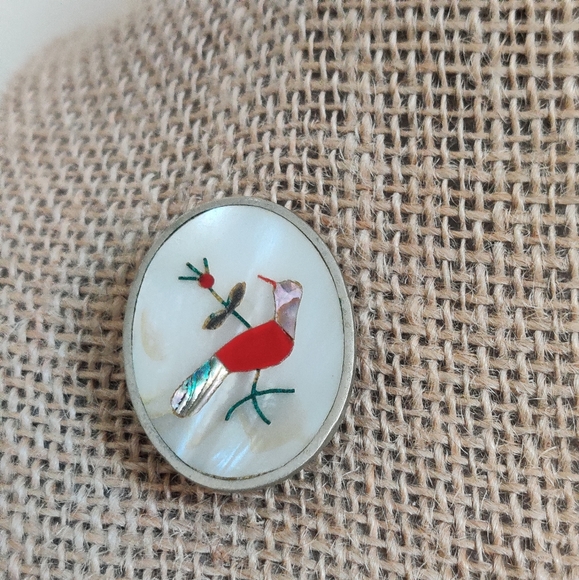 Vintage Zuni Style Southwestern Abalone Cardinal Red Bird - Picture 2 of 14